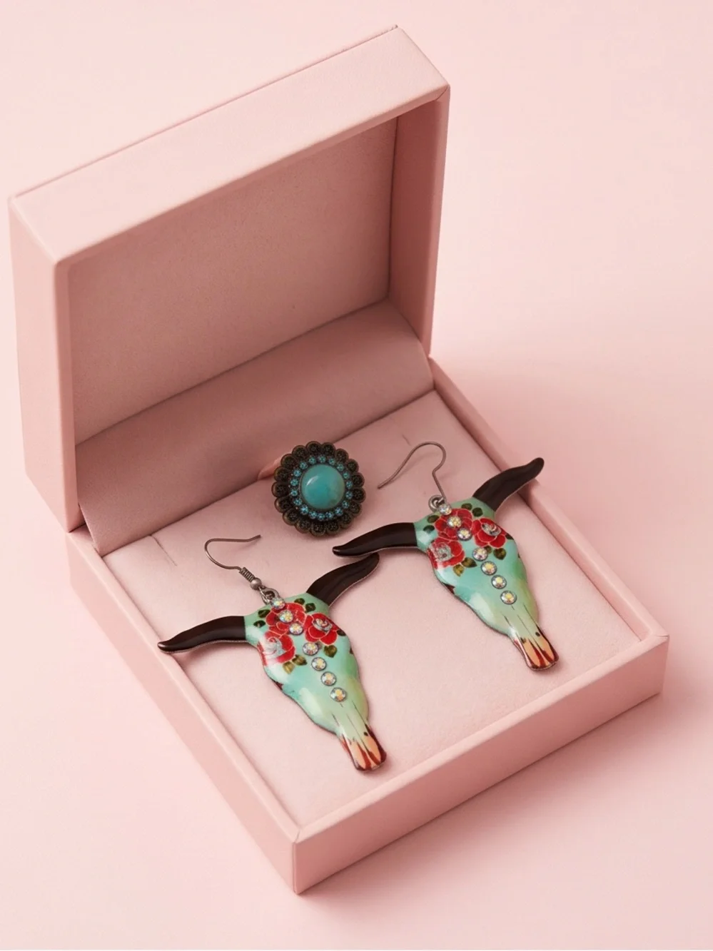 3 Pc Southwestern longhorn skull earrings, ring, and bracelet jewelry bundle